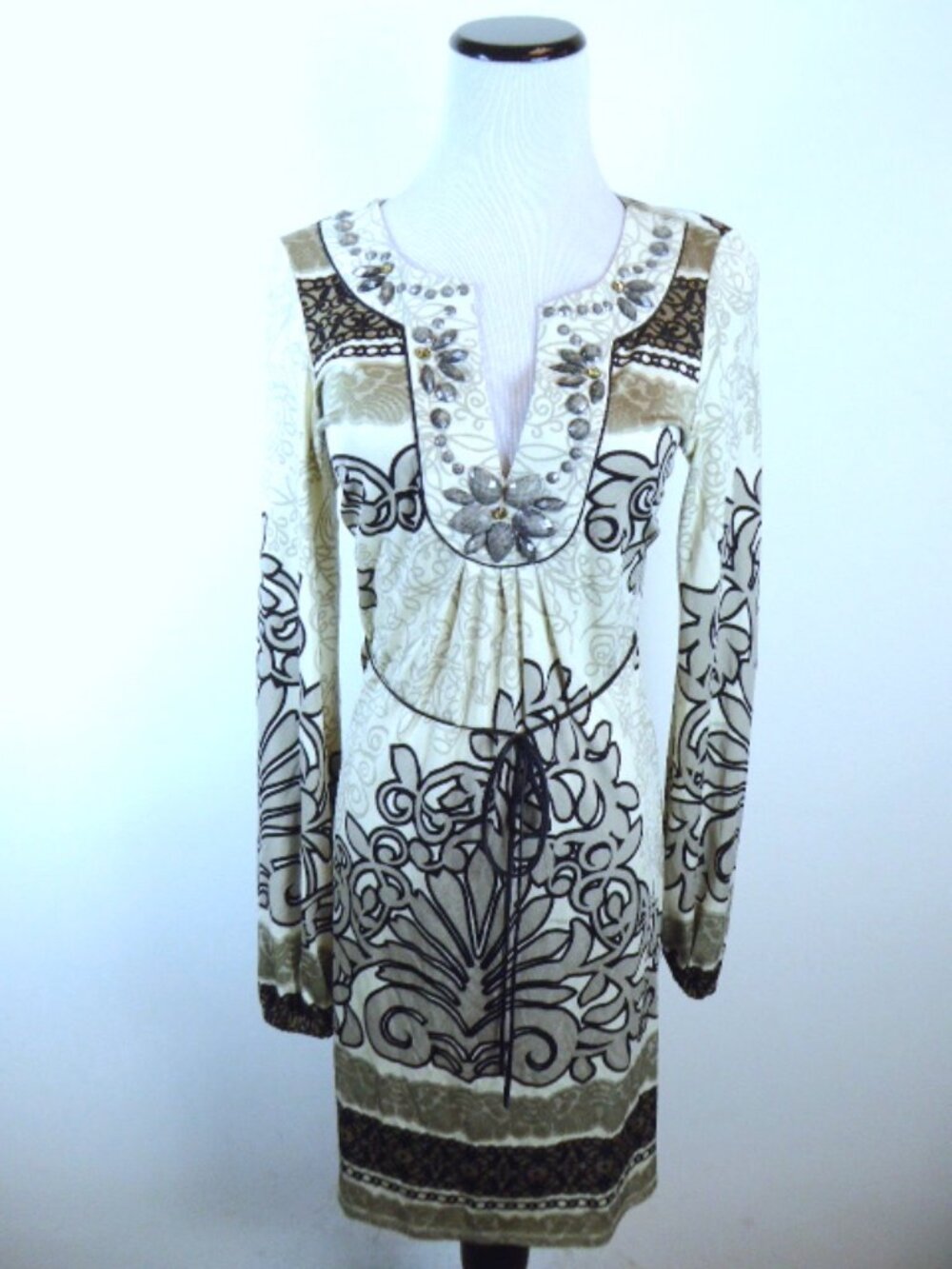 HALE BOB beige gray black floral beaded silk caftan dress XS